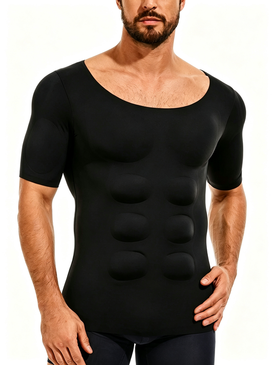 Men's Slim Fit Crew Neck Short Sleeve T-Shirt with Removable Muscle Pads, Cooling High Stretch Ice Silk Top