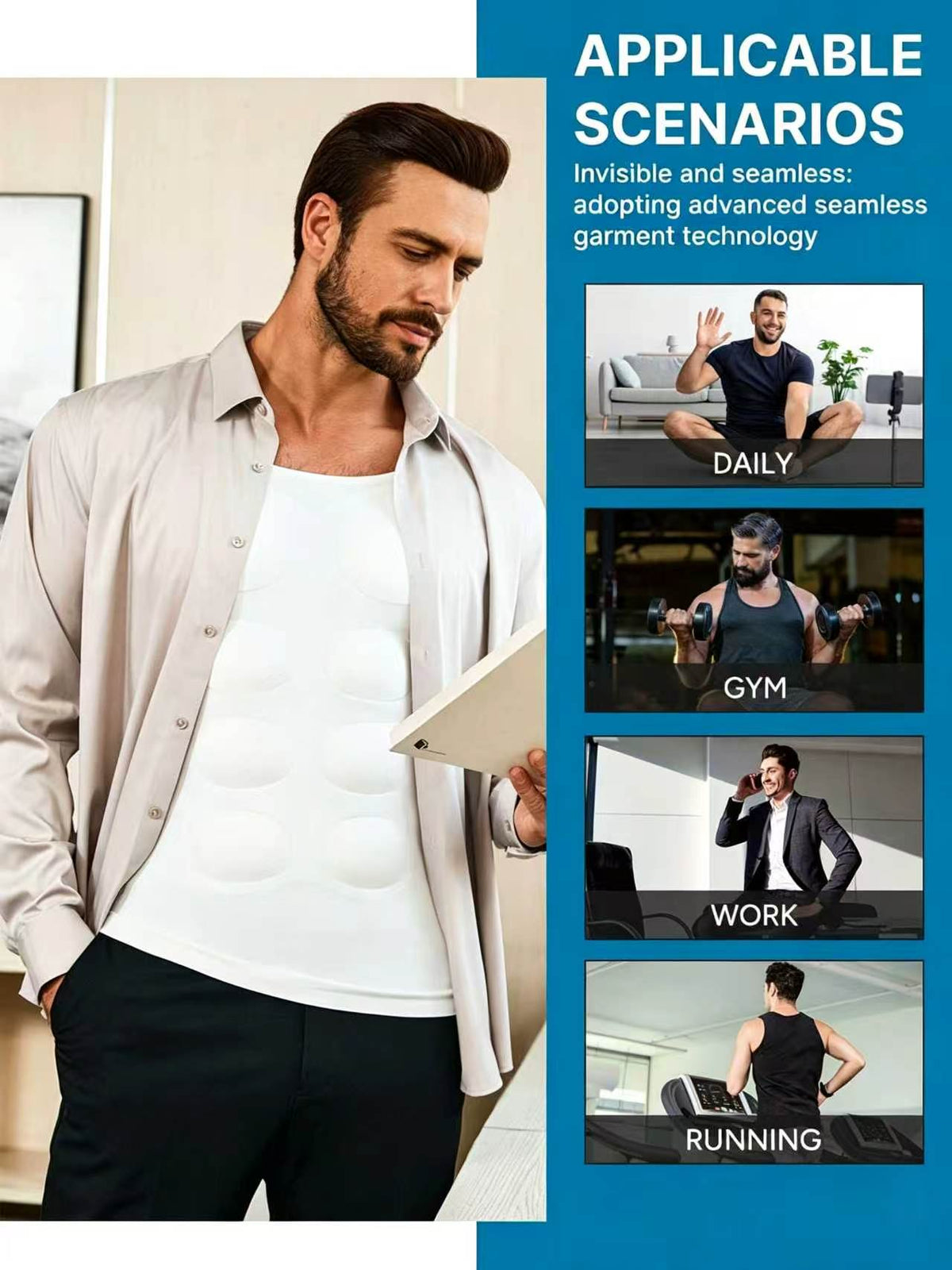 Men's Slim Fit Crew Neck Short Sleeve T-Shirt with Removable Muscle Pads, Cooling High Stretch Ice Silk Top