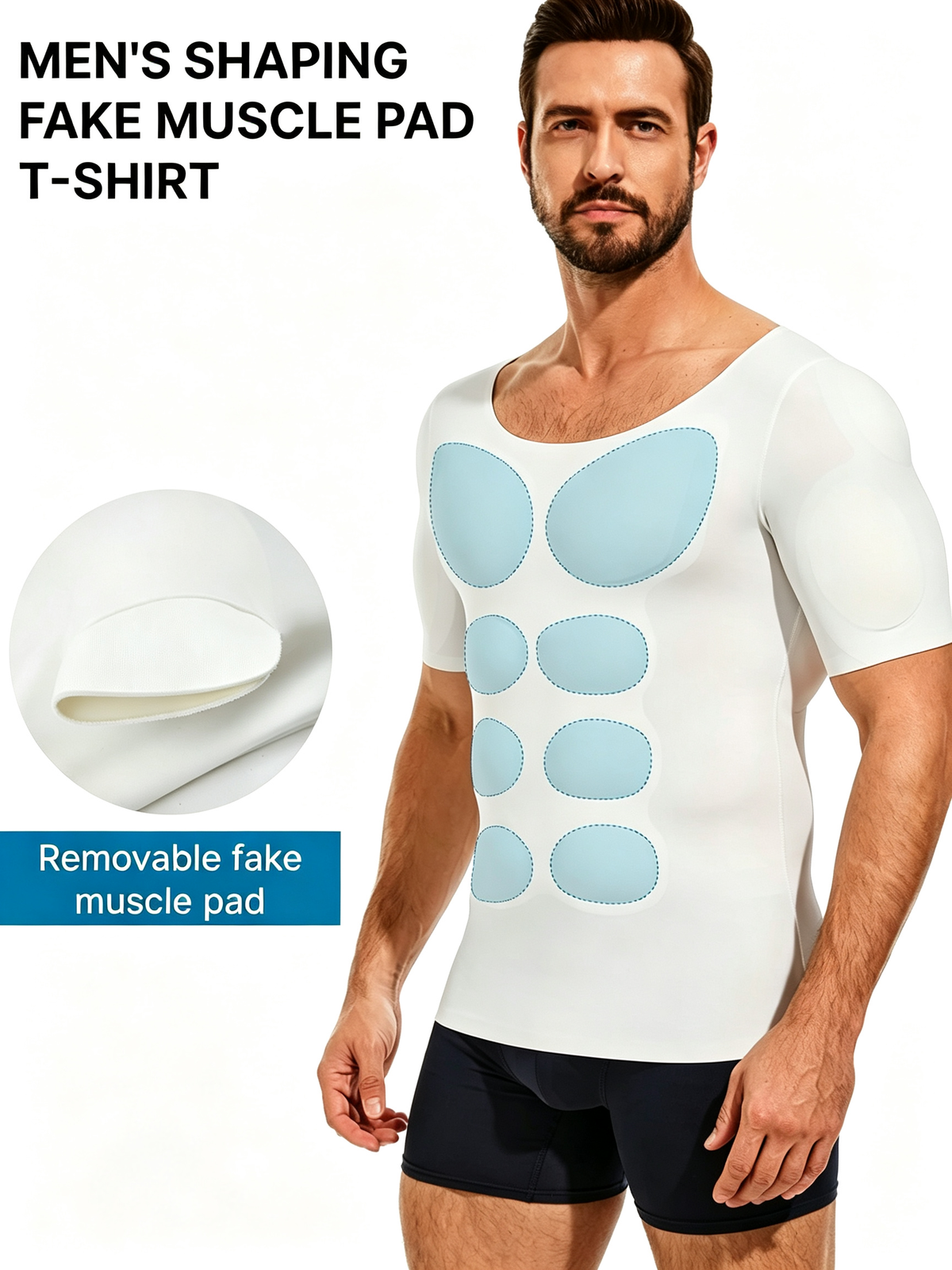 Men's Slim Fit Crew Neck Short Sleeve T-Shirt with Removable Muscle Pads, Cooling High Stretch Ice Silk Top