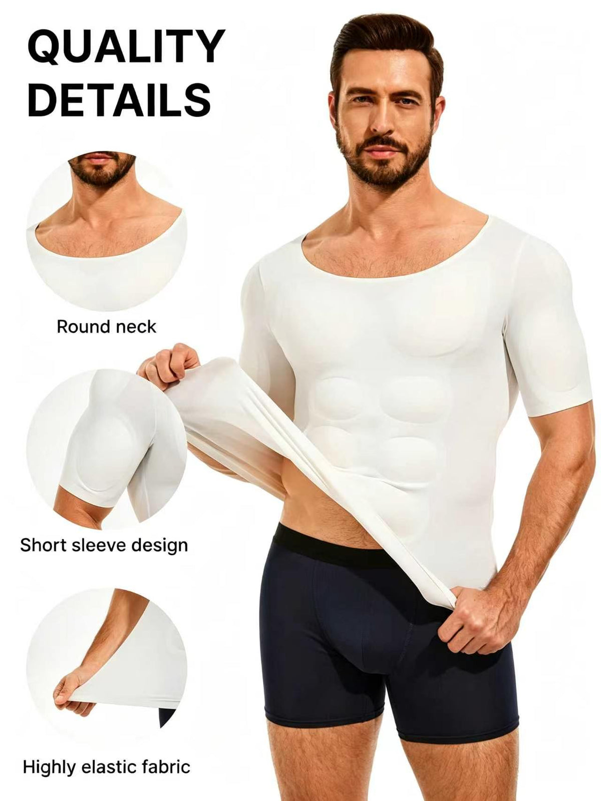 Men's Slim Fit Crew Neck Short Sleeve T-Shirt with Removable Muscle Pads, Cooling High Stretch Ice Silk Top